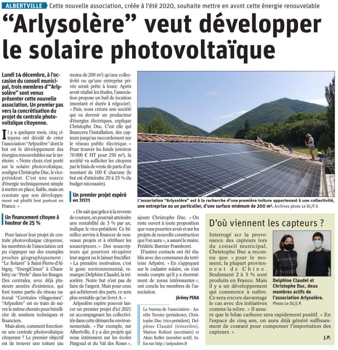 ArlySolère dans le Dauphiné Libéré 17 decembre 2020 image de l'article